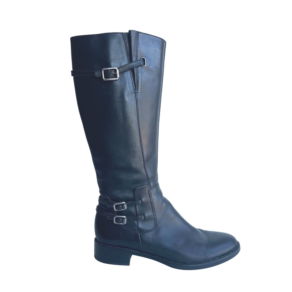 ECCO Black Leather Tall Riding Boots Buckle Detail Side Zip Women 39